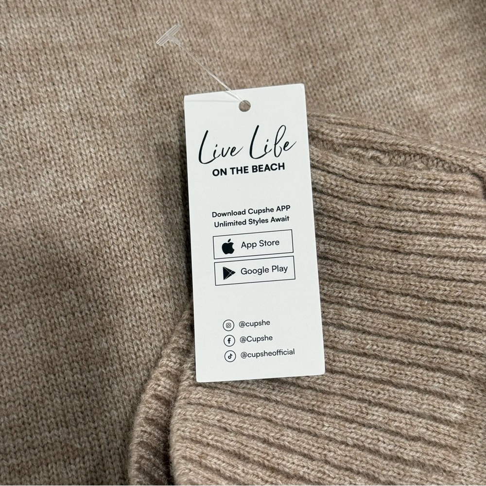 Cupshe Khaki Round Neck Perforated Long Sleeve Sweater - Picture 6 of 9